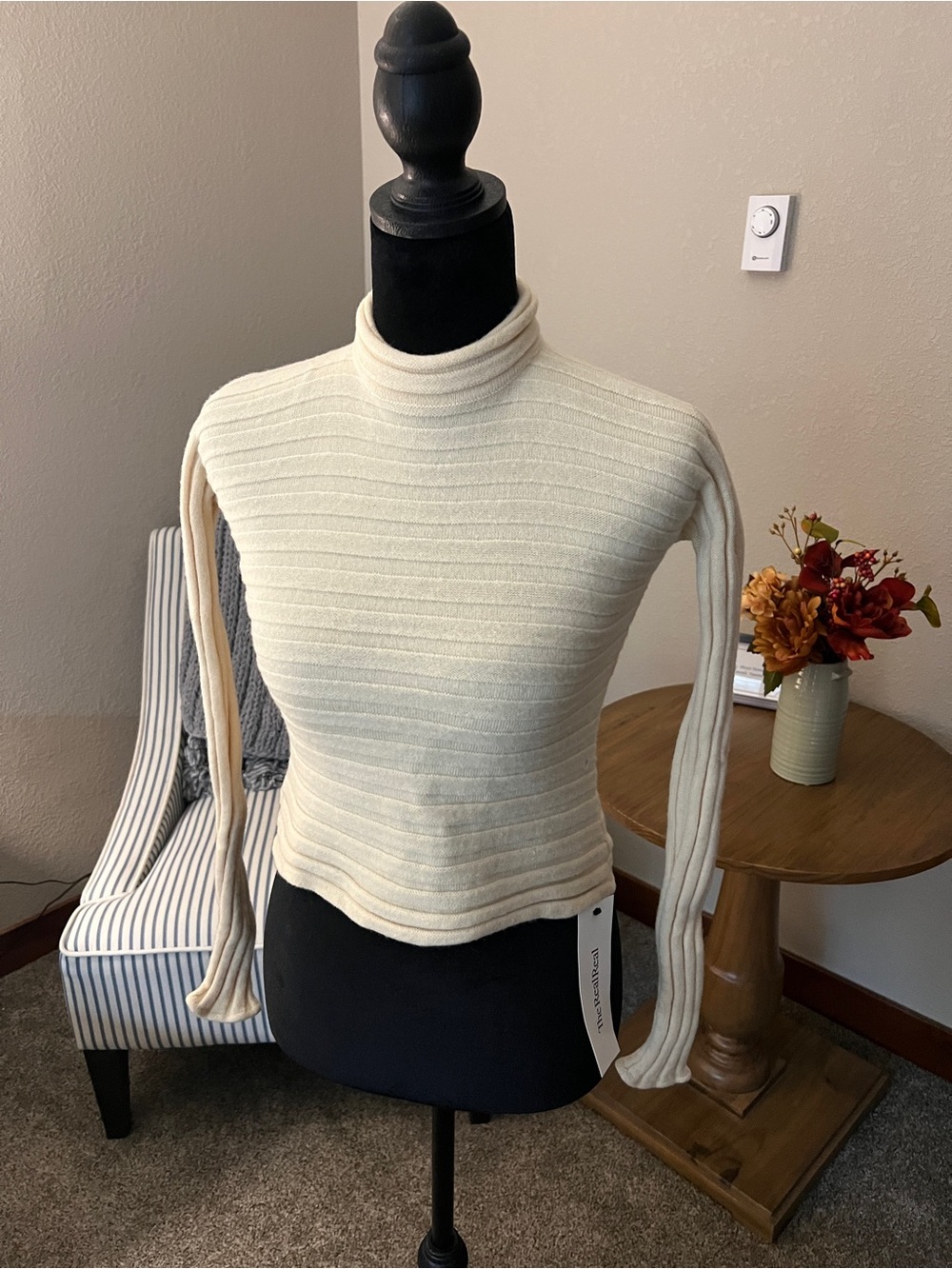 Giorgio Armani Cream Ribbed Turtleneck Sweater